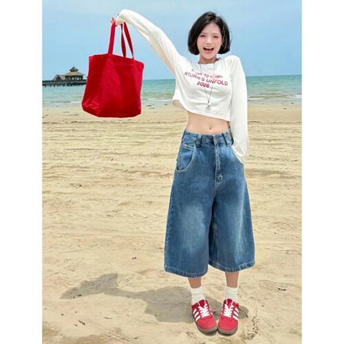 美式复古水洗七分牛仔裤女夏季2026新款宽松阔腿六分中裤过膝短裤