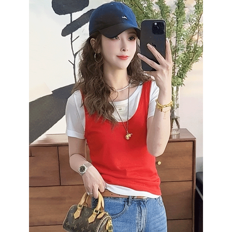 夏季短袖t恤女2026新款爆款超火减龄设计感假两件上衣女时尚洋气
