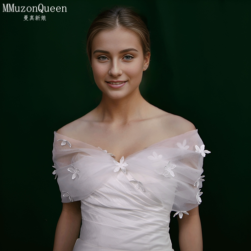 曼真 唯美薄纱透明新娘婚礼婚纱配饰遮手臂一字肩立体花朵MG48