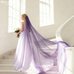 曼真紫色新娘头纱超仙复古烫金3米长款 拖尾婚礼主婚纱头饰V268