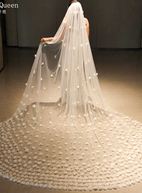曼真白色花朵拖尾头纱新娘主婚纱长款超仙气质奢华重工V93