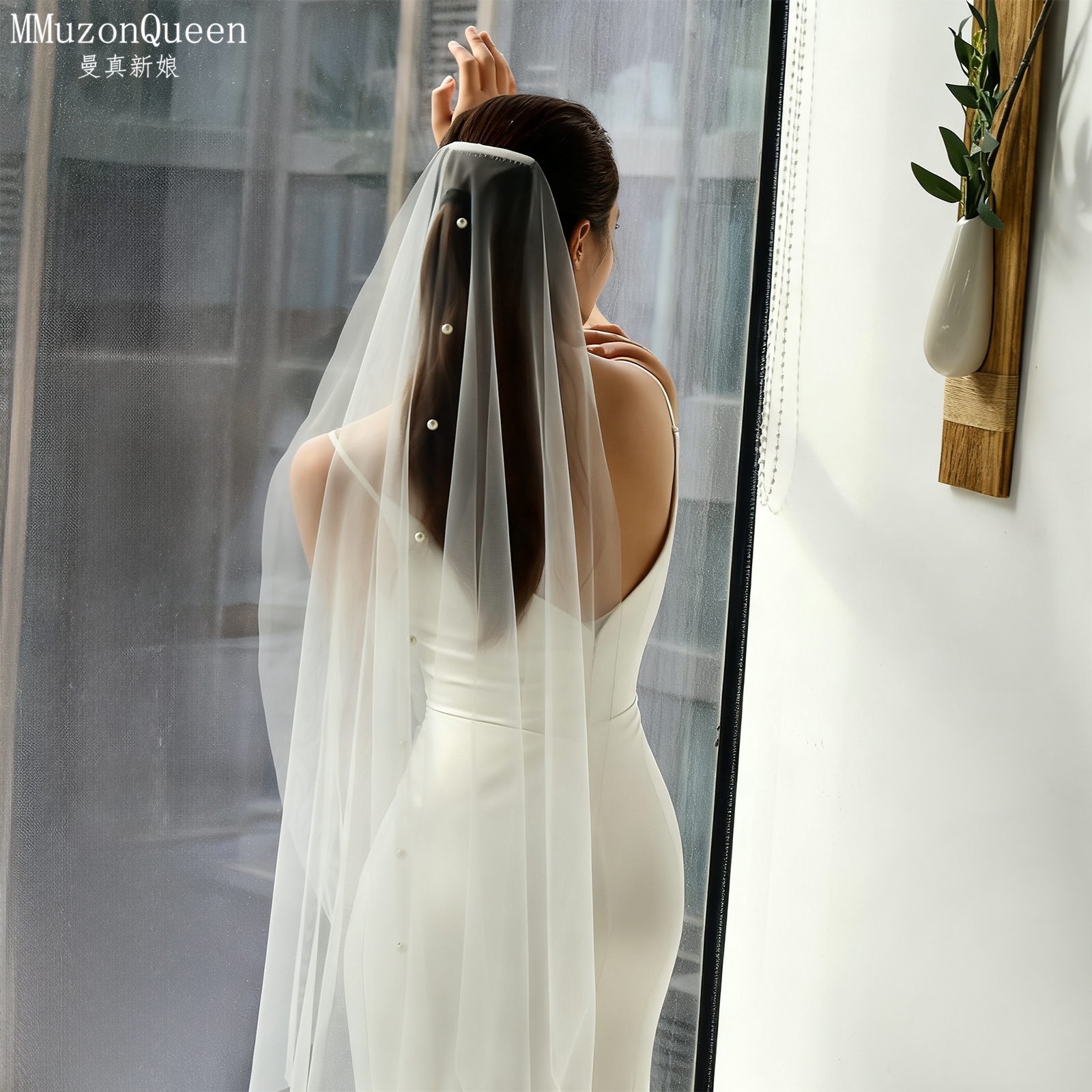 曼真简约珍珠装饰新娘头纱领证登记订婚婚纱礼服配饰V64