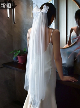 曼真 新娘婚礼梦幻头饰 蝴蝶结头纱道具白色可爱唯美头纱 M39
