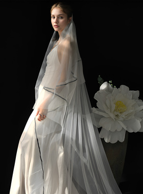 曼真长拖尾双层新娘头纱黑色丝带婚礼派对配饰加宽褶皱纱头饰M148