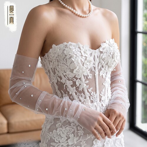 曼真超仙白色网纱水钻手套新娘婚礼拍照无指长款婚纱配饰MM02