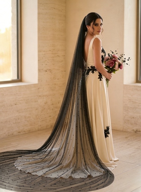 曼真黑色新娘头纱珍珠款长款拖尾婚礼拍照造型森系复古风V05-BY3