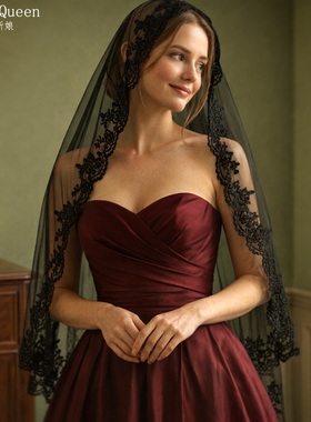 曼真黑色无发梳蕾丝花边头纱旅拍婚纱复古万圣节拍照道具V65