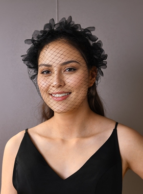 曼真 黑色欧根纱立体花朵发箍款 菱形网眼复古晚宴新娘面纱VA25