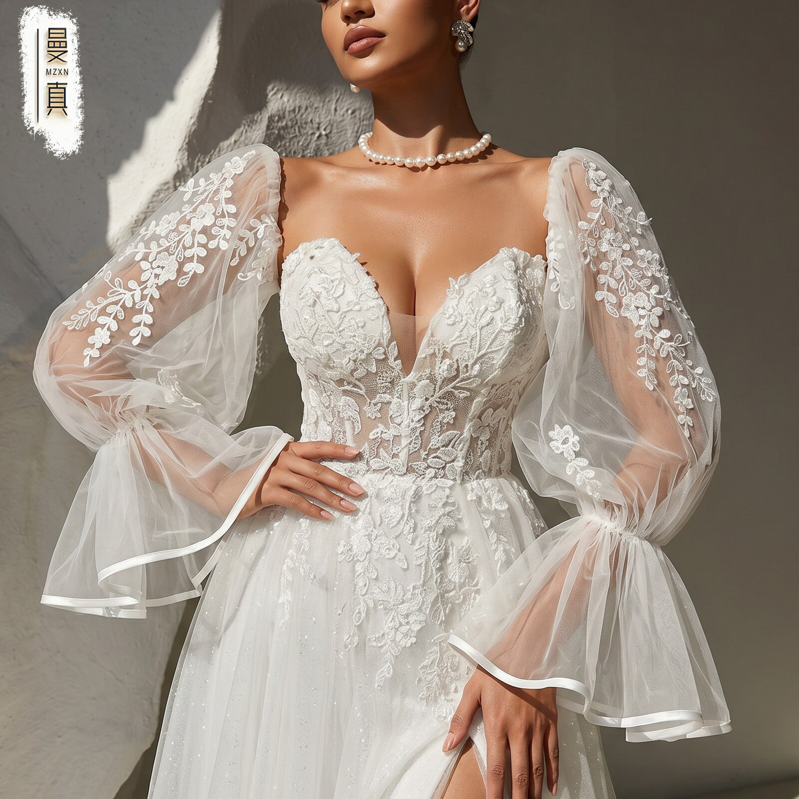 曼真复古优雅刺绣网纱喇叭袖新娘袖套婚纱可拆卸假袖子配饰MM45