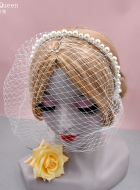 曼真欧美热销白色珍珠发箍酒会礼服简约网眼新娘面纱VA11