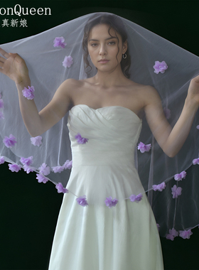 曼真紫色新娘头纱无发梳立体花朵装饰浪漫唯美适合多场景婚礼M133