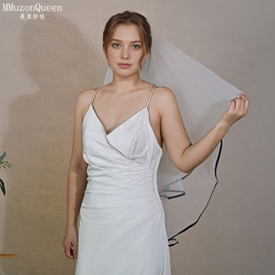 复古不规则黑边网纱V214 简约包边双层头纱 曼真新款 婚纱新娘