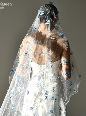 曼真新款蓝色立体蝴蝶头婚纱蕾丝衫网纱单层无发梳l旅拍照写真M43