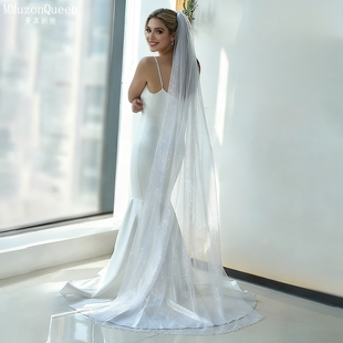 曼真星光细闪新娘头纱长款拖尾珍珠小花写真拍照道具V179