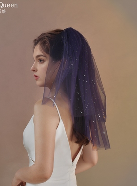 曼真蓝色洒金网纱蓬蓬短款头纱 红蓝紫色烫金纱双层小头纱V265