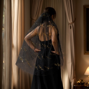 曼真黑色新款新娘头纱亮片闪亮亮婚纱礼服搭配拍照时尚百搭M106