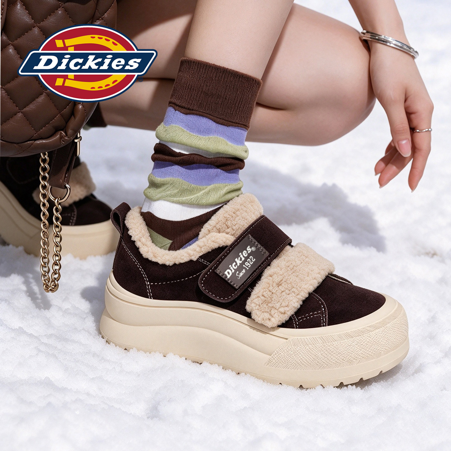 Dickies魔术贴加绒棉鞋女2026新款秋季保暖增高舒适百搭雪地短靴