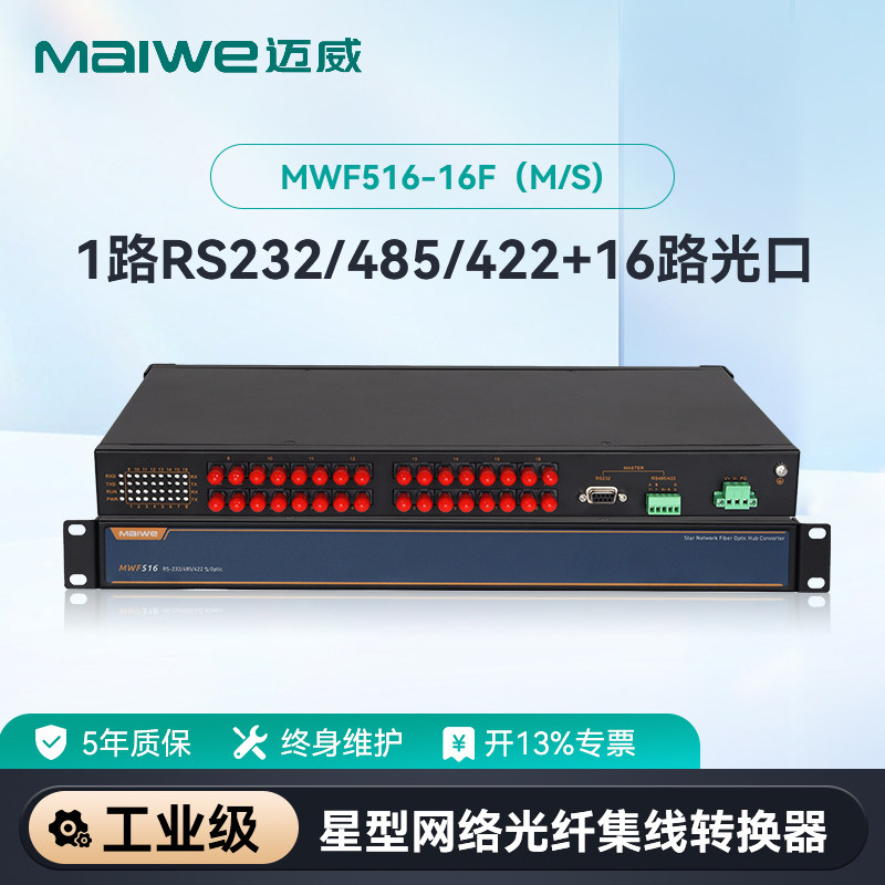 迈威星型网络串口光纤集线器 1路RS232/485/422转4路/8路/10路/16路光纤转换器 串口光纤收发器 MWF516