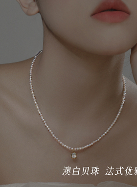 法式澳白贝母珍珠项链女小米珠纯银锁骨小众设计锆石花朵吊坠礼物