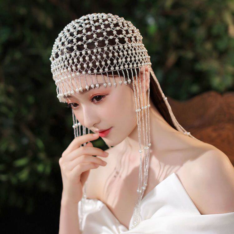 流苏头饰帽子童年纯手工串珠百搭时尚头饰玻璃仿珍珠网红帽珍珠帽