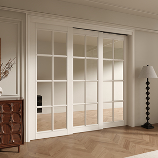 高端定制法式复古阳台厨房三联动推拉门实木烤漆室内三扇吊轨移门