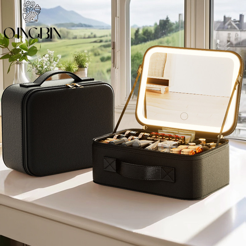 高级LED带镜子旅行化妆包女便携式大容量化妆刷箱手提分区美妆包