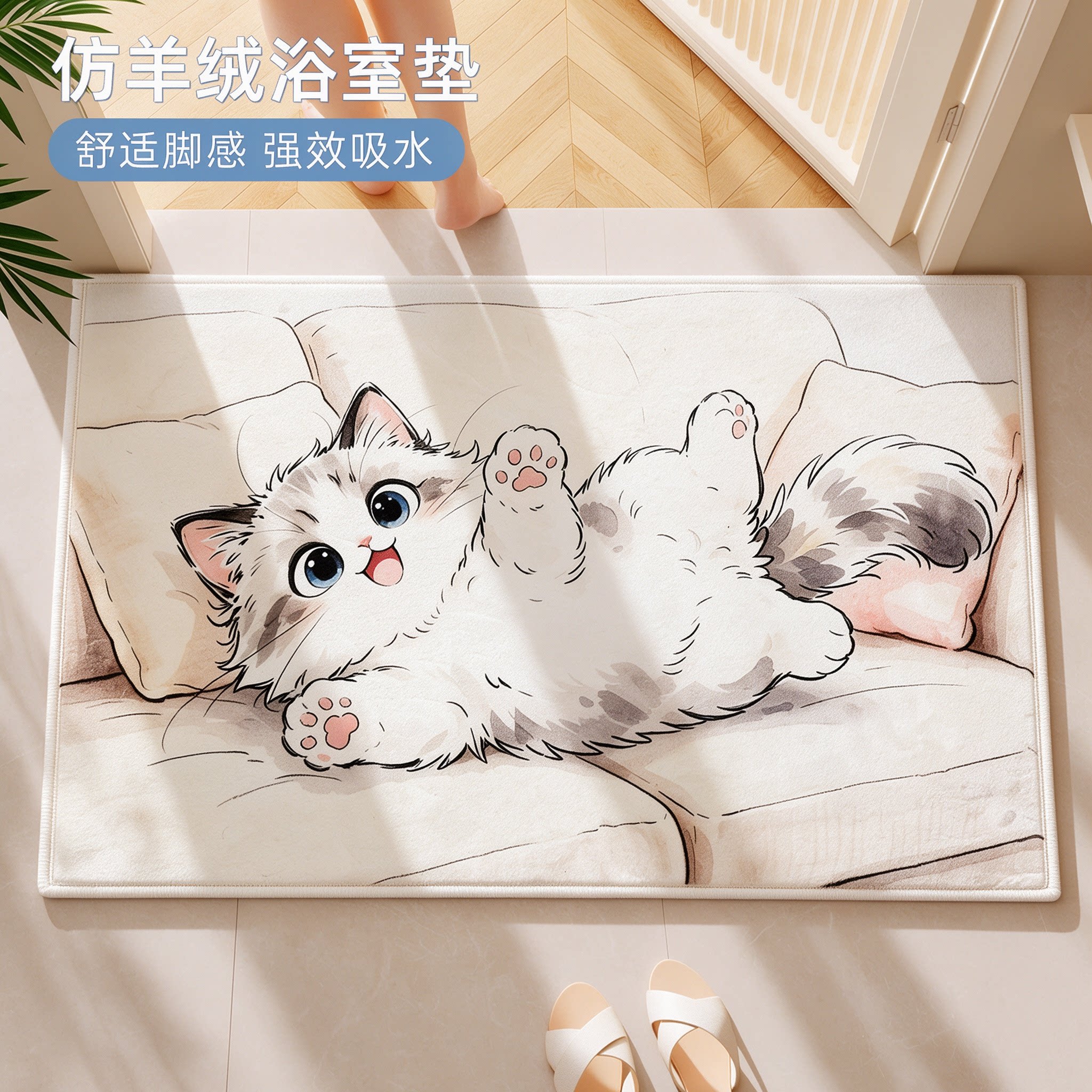 卡通猫咪浴室防滑地垫TPR橡胶吸水防滑长方形门垫卧室书房软垫子