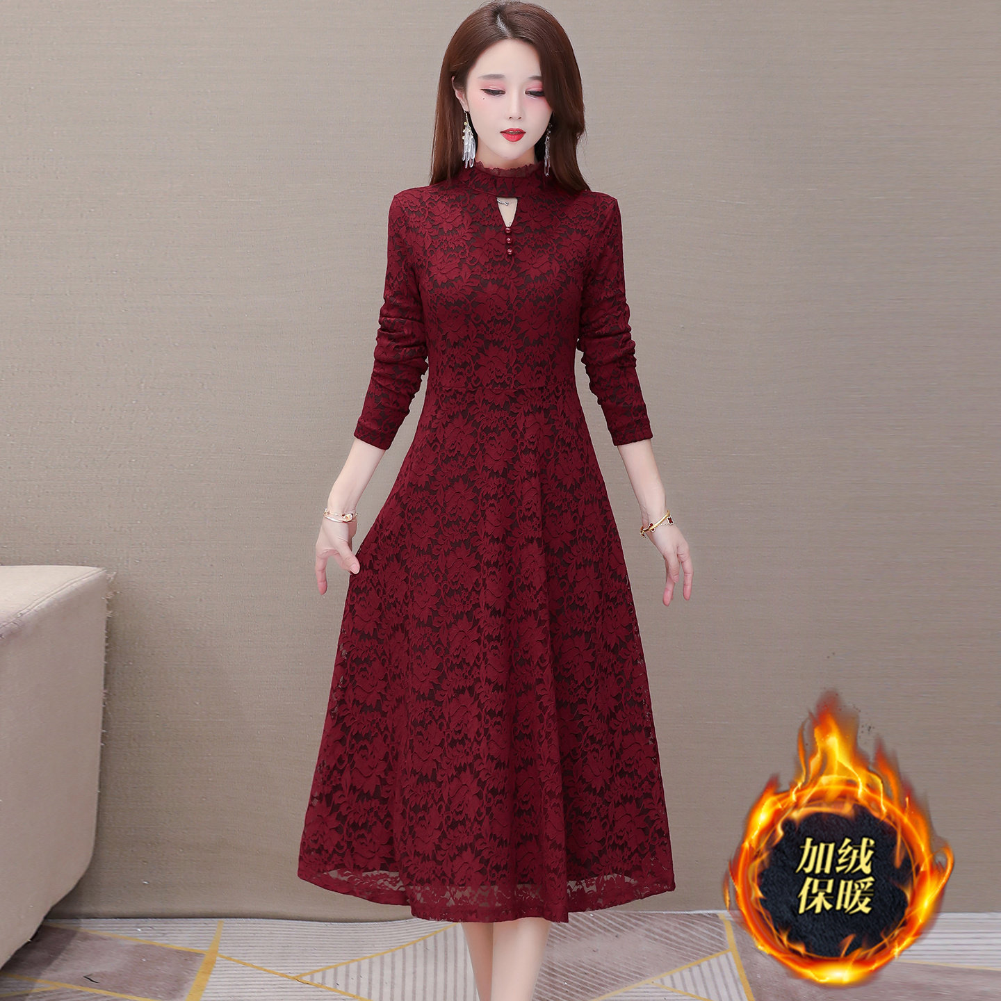 红色蕾丝连衣裙女早春长袖高档品牌喜妈妈婚宴礼服气质高级感高贵