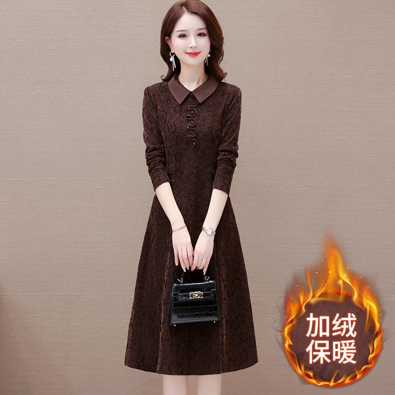 加绒加厚连衣裙子女秋冬轻奢高级感气质妈妈修身打底配大衣十三行