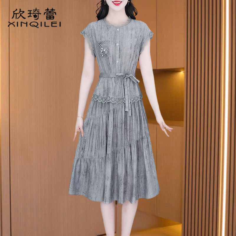 广州十三行高端纱料雪纺连衣裙女夏今年流行爆款假两件套装高级感