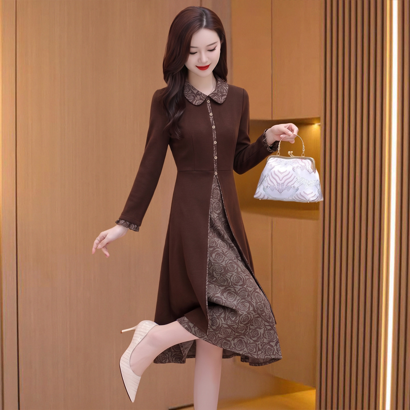 假两件长袖连衣裙女秋高端奢华贵妇人品牌高级感打底裙子妈妈旗袍