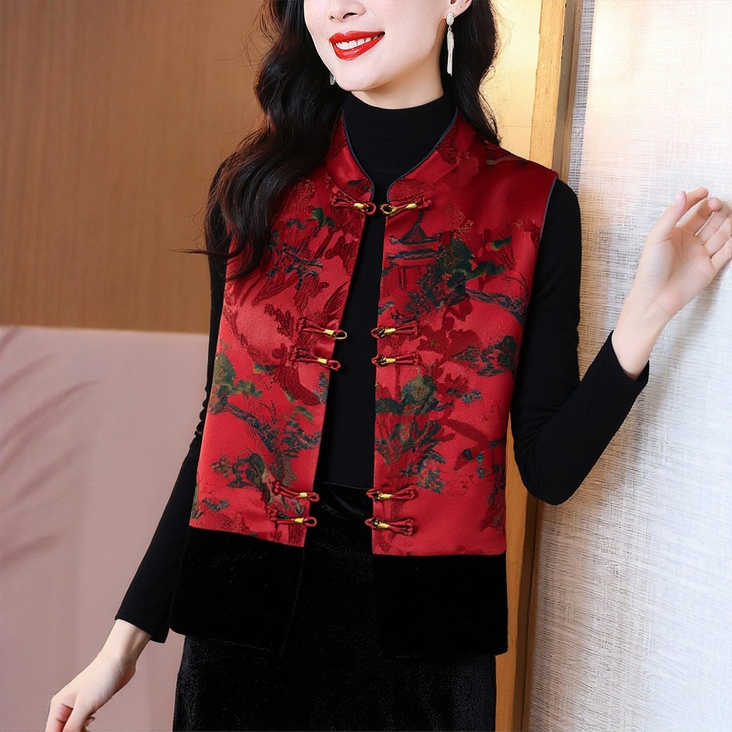 新中式国风红色马甲女秋冬妈妈时髦洋气上衣巨好看高级感马夹背心