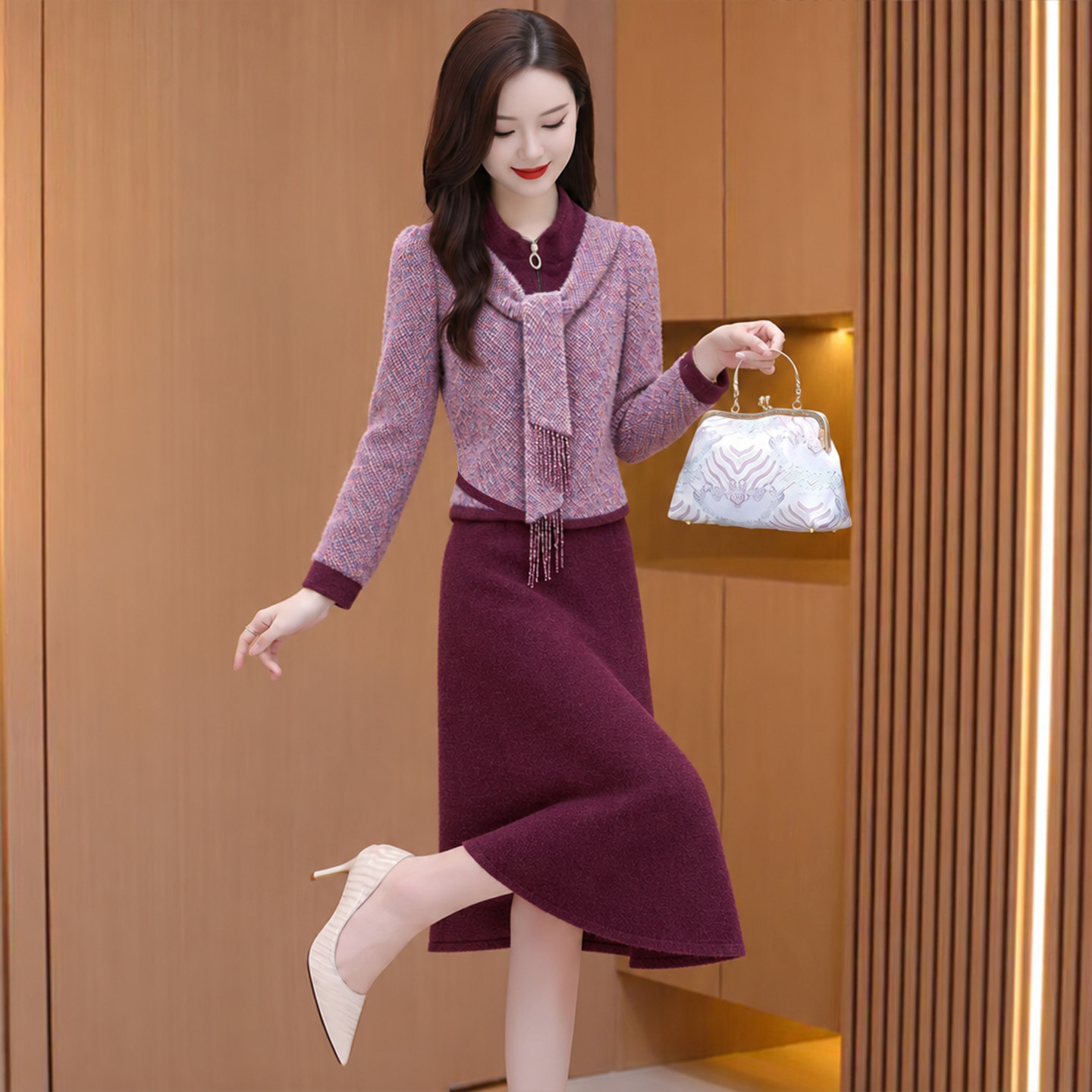 紫色小香风毛呢两件套装连衣裙女秋冬喜妈妈礼服高端加厚穿搭裙子