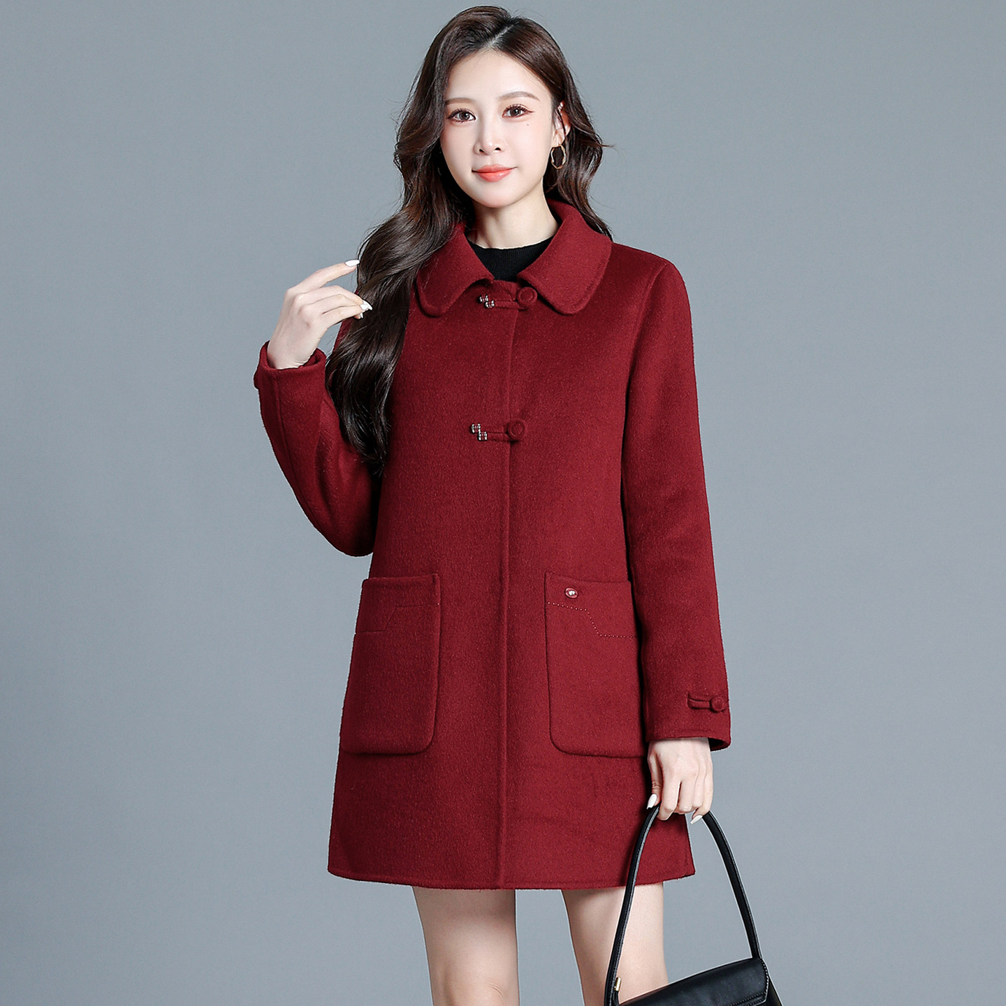 中长款红色毛呢外套女秋冬气质高级感羊毛大衣高端品牌小个子妈妈