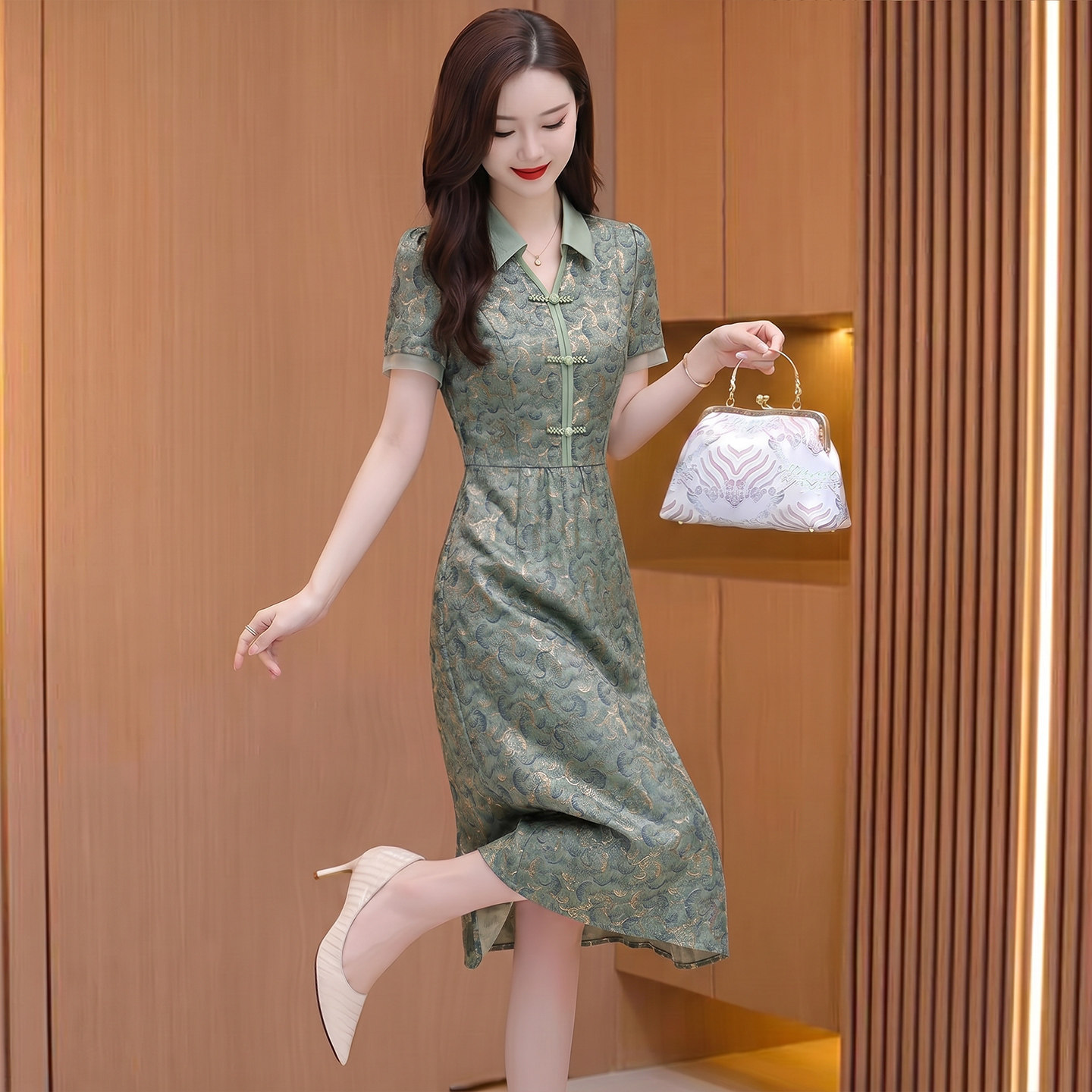 新中式改良旗袍连衣裙女夏妈妈印花裙子雪纺高端奢华上档次十三行