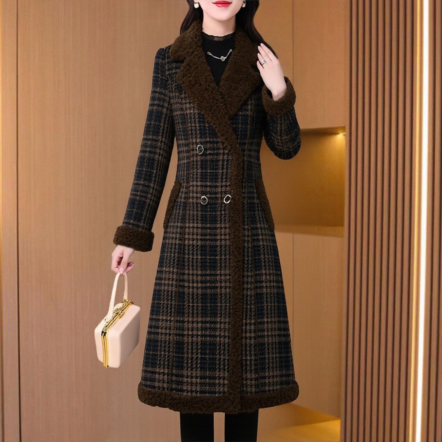 加绒加厚格子毛呢中长款外套女款冬装皮毛一体羊羔毛大衣妈妈气质