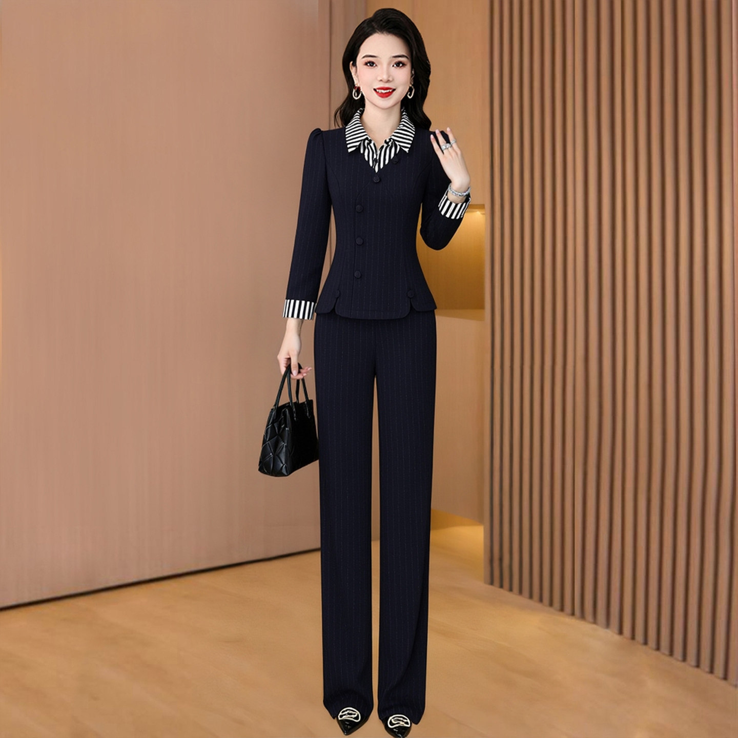 轻奢条纹西装套装女2026秋新款春秋修身显瘦气质40减龄穿搭两件套