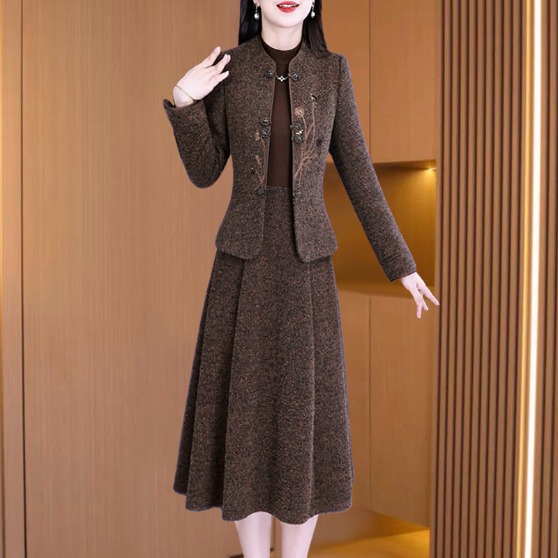 小香风套装连衣裙女春秋高级感十三行高端妈妈毛呢两件套2026新款