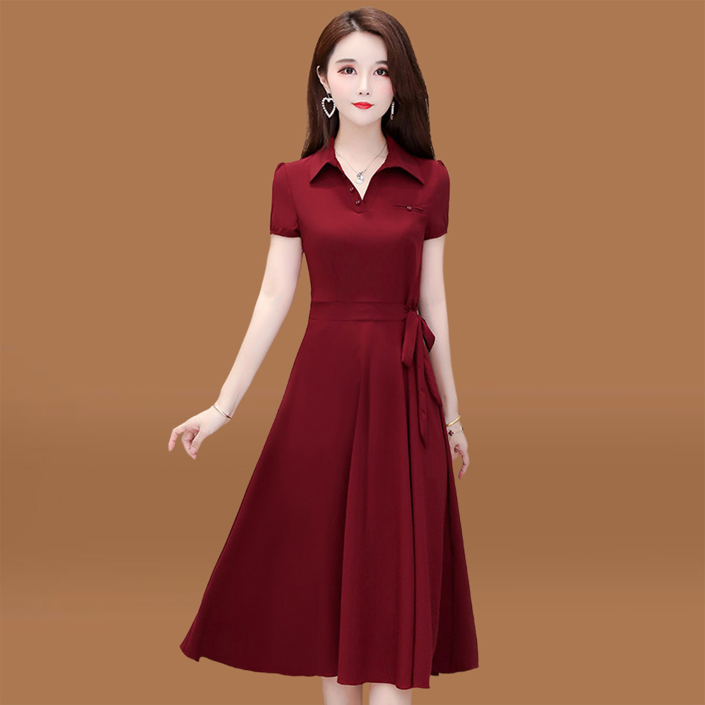 红色雪纺衬衫领连衣裙女夏中年妈妈礼服减龄轻奢高级感十三行爆款