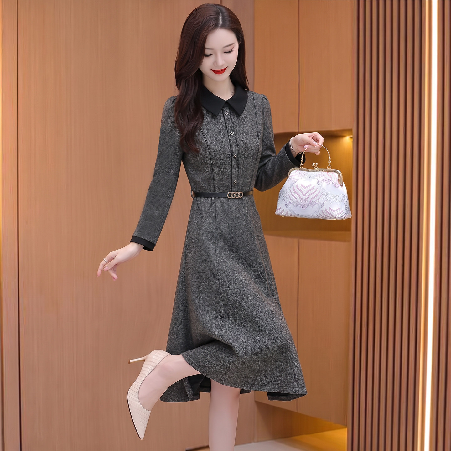 小个子长袖连衣裙女春秋高端上档次妈妈衬衫裙子高级感十三行爆款