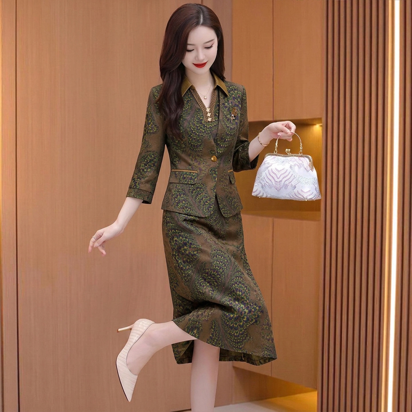 小香风西装套装连衣裙女春秋贵妇人品牌轻奢高级感妈妈衬衫套裙子