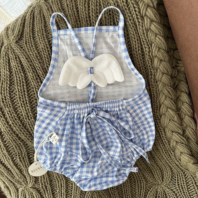 婴幼儿夏季女宝宝吊带翅膀包屁衣连体衣公主可爱格子三角包屁哈衣