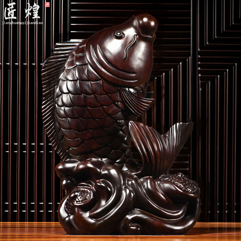 黑檀木雕鲤鱼摆件实木连年有余