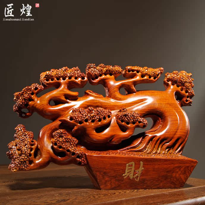 花梨木雕迎客松摆件实木办公装饰