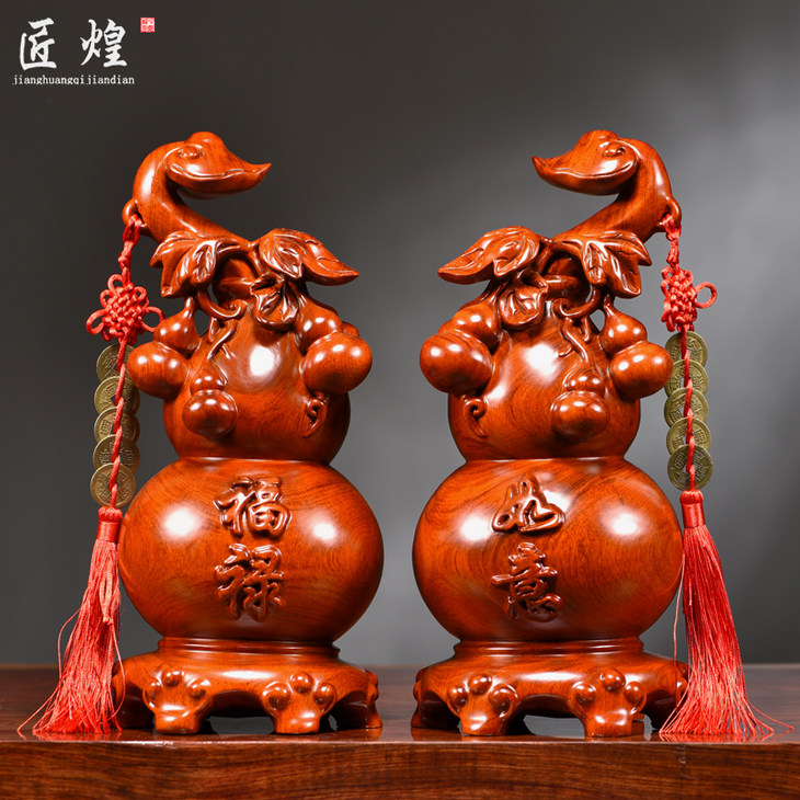 花梨木雕福禄如意葫芦摆件实木