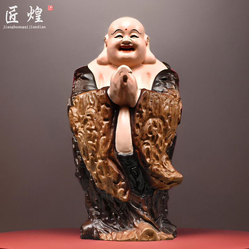 黑檀实木雕刻彩绘弥勒佛像摆件新中式笑佛客厅玄关公司装饰工艺品