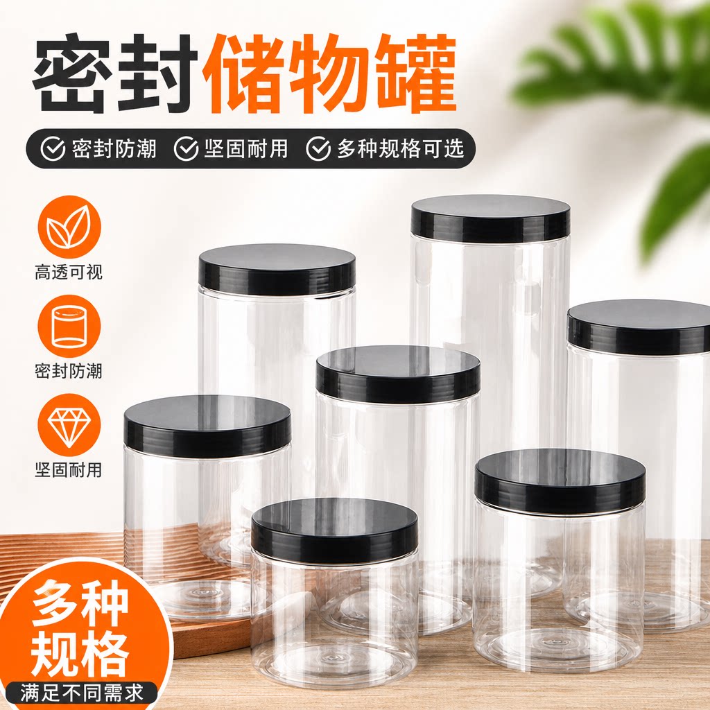透明PET密封罐食品级空瓶子零食饼干蜂蜜包装桶收纳盒拼豆整理
