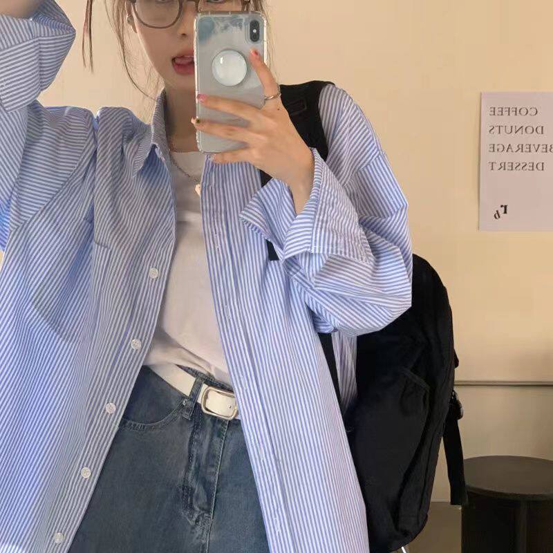 条纹长袖衬衫女春秋装新款慵懒宽松BF风宽松中长款条纹百搭外套女