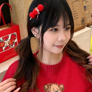 学生奖品红色系秋冬汉服毛绒儿童头饰喜庆发饰过年氛围感刘海夹新