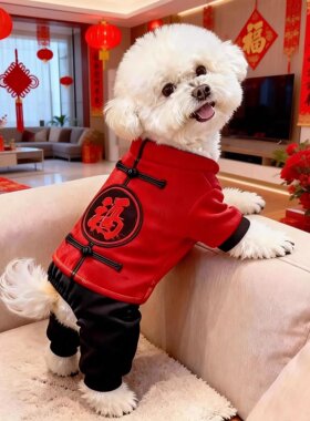 狗狗唐装秋冬保暖宠物中国风刺绣福字红色毛绒服装小型犬四脚衣